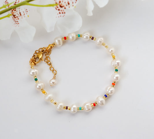 Pearl and Multicolor Bead Bracelet